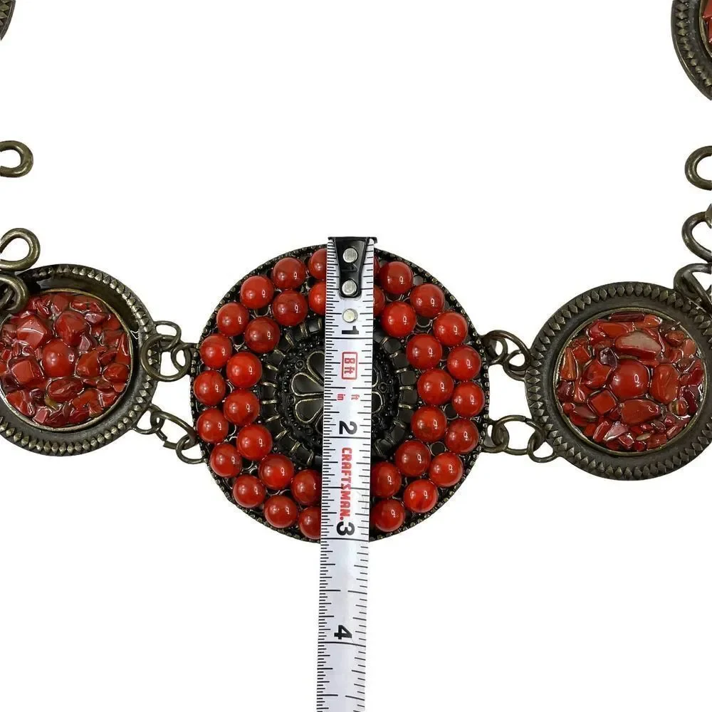 Brass Tone‎ Metal Chain Concho Belt Rust orange Stones Boho Artsy